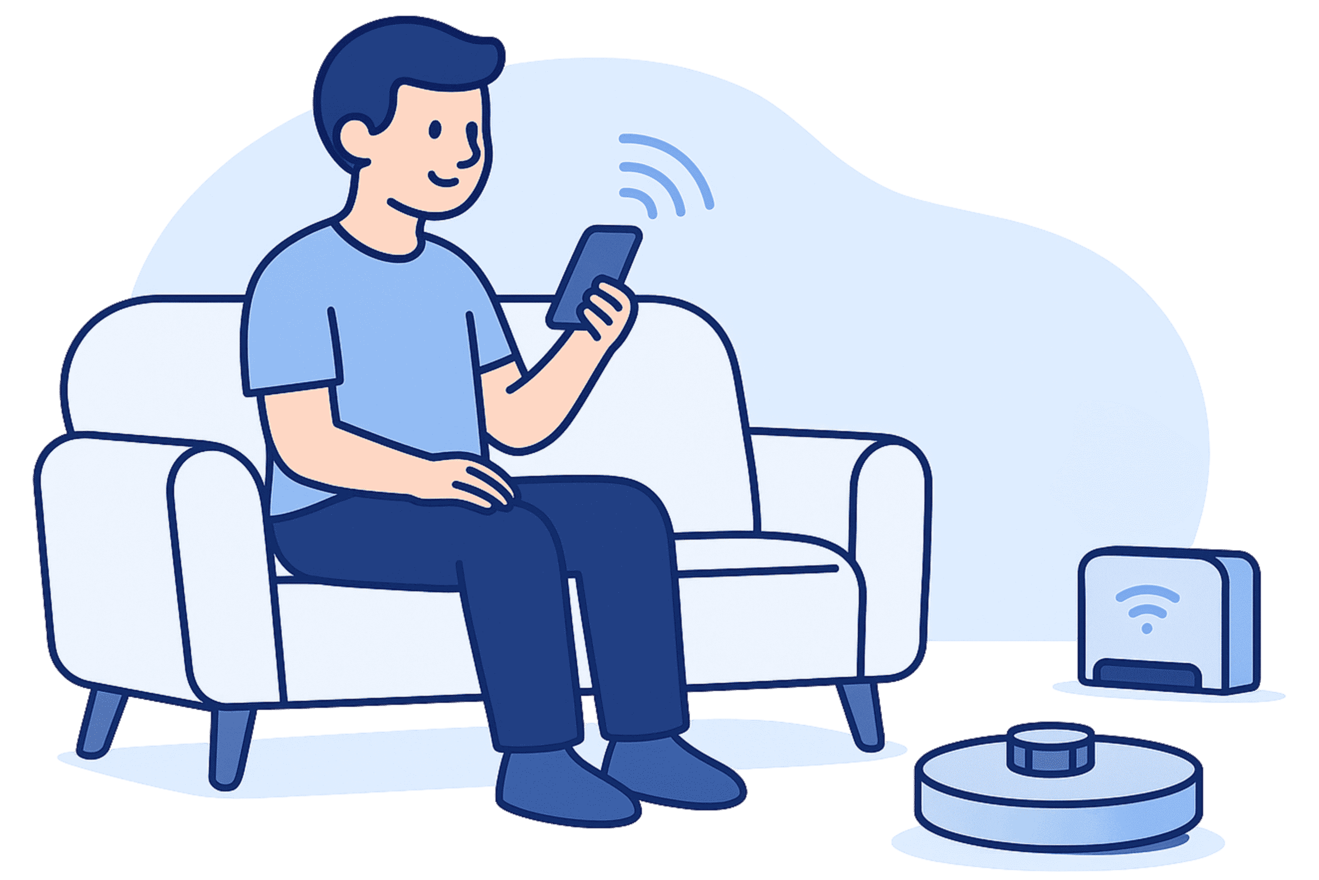 Person relaxing on couch using smartphone to control robot vacuum cleaner
