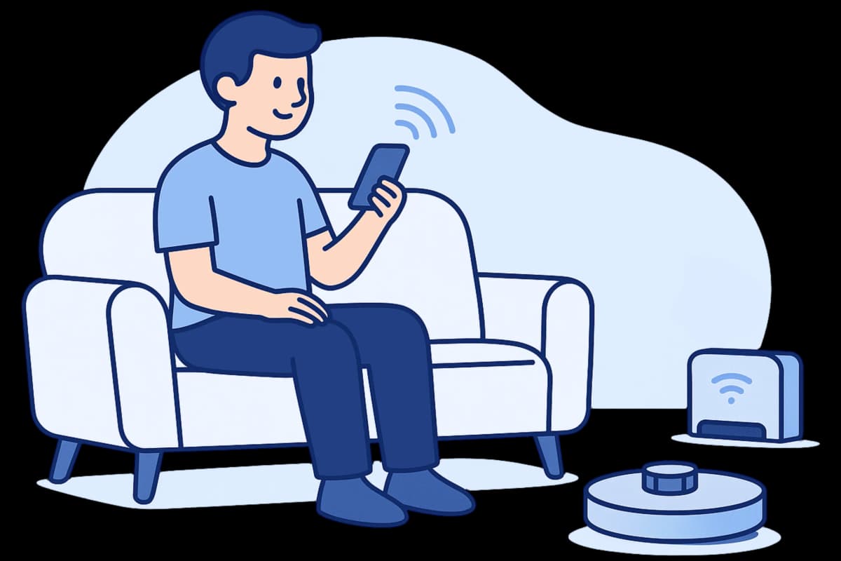 Person relaxing on couch using smartphone to control robot vacuum cleaner
